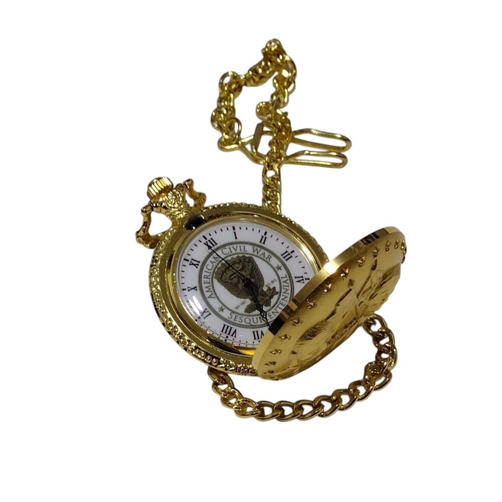 Gold-Tone Pocket Watch American Civil War 150 Years Collectible 13" Chain WORKS